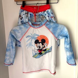 Disney Junior Mickey Mouse 4T Rash Guard Swim Set Surf Trunks Beach Outfit #X